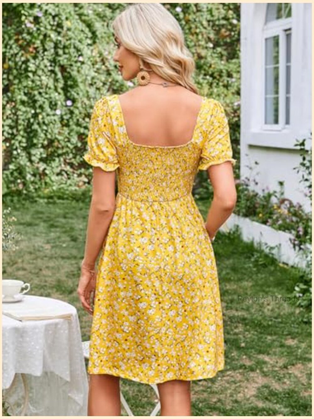 Women's Square Neck Short Puff Sleeve Floral Smocked Swing Dress with Pockets - Picture 5 of 7